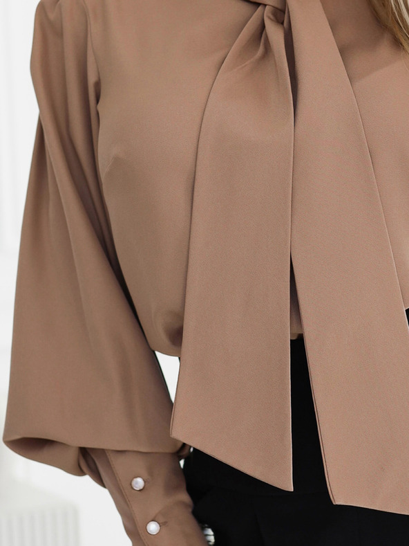 numoco Кафява дамска блуза с дълъг ръкав с вратовръзка и копчета Numoco