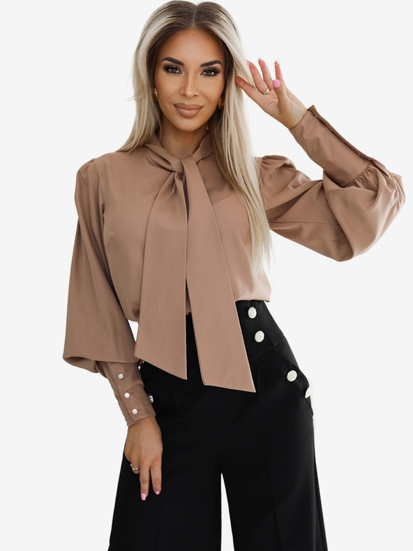 numoco Кафява дамска блуза с дълъг ръкав с вратовръзка и копчета Numoco