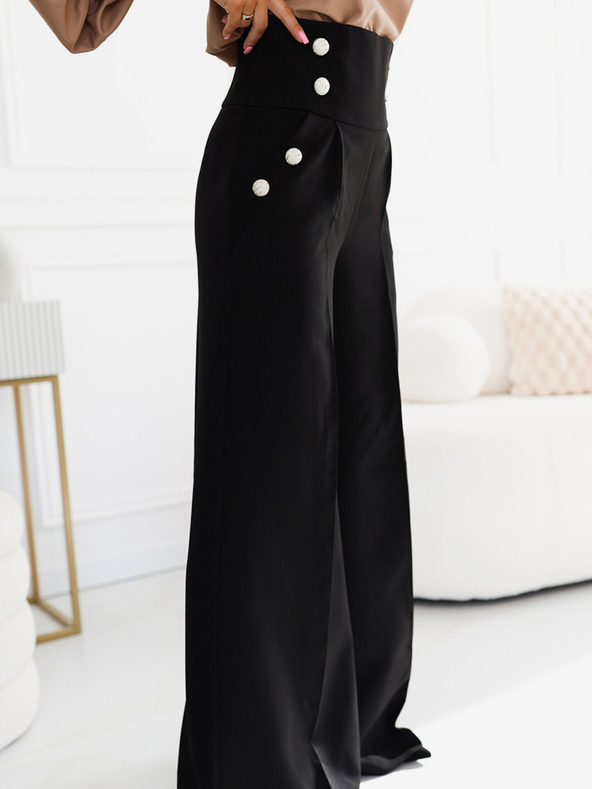numoco Черен дамски елегантен панталон с висока талия и широки крачоли със златни копчета Numoco