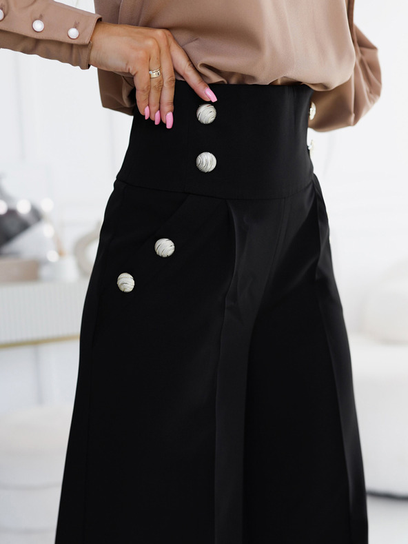 numoco Черен дамски елегантен панталон с висока талия и широки крачоли със златни копчета Numoco