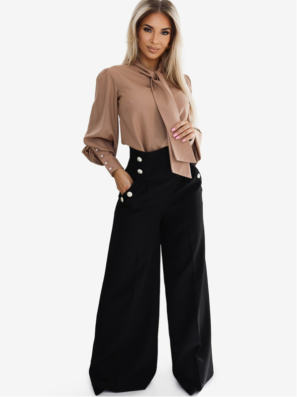 numoco Черен дамски елегантен панталон с висока талия и широки крачоли със златни копчета Numoco