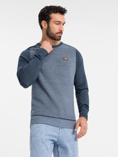 Ombre Clothing Мъжки трикотажен пуловер RELAXED FIT с шарка синьо Ombre Облекло