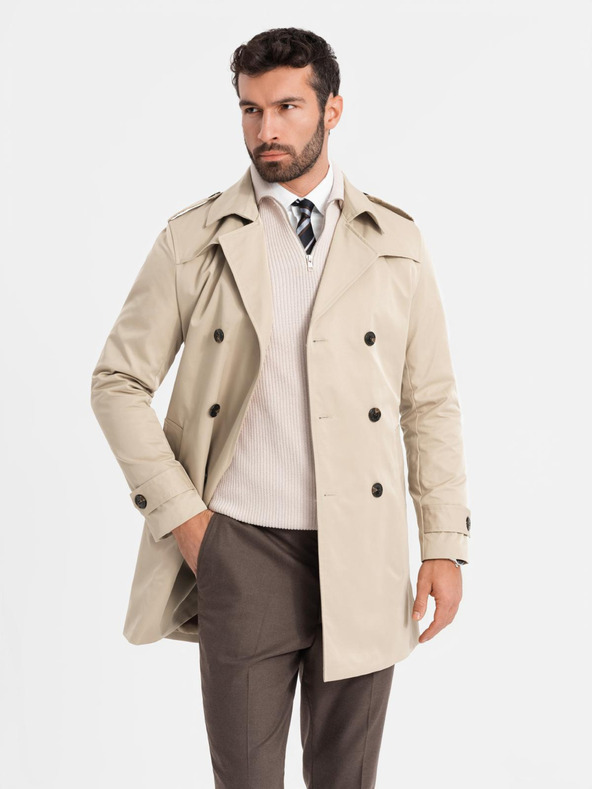 Ombre Clothing Елегантно мъжко палто SLIM FIT с колан бежово Ombre Clothing