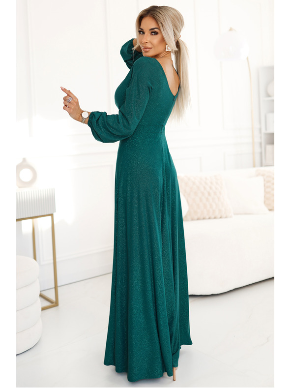 numoco Блестяща дълга рокля с деколте на екипажа, дълги ръкави и разкроени крачоли Нумоко