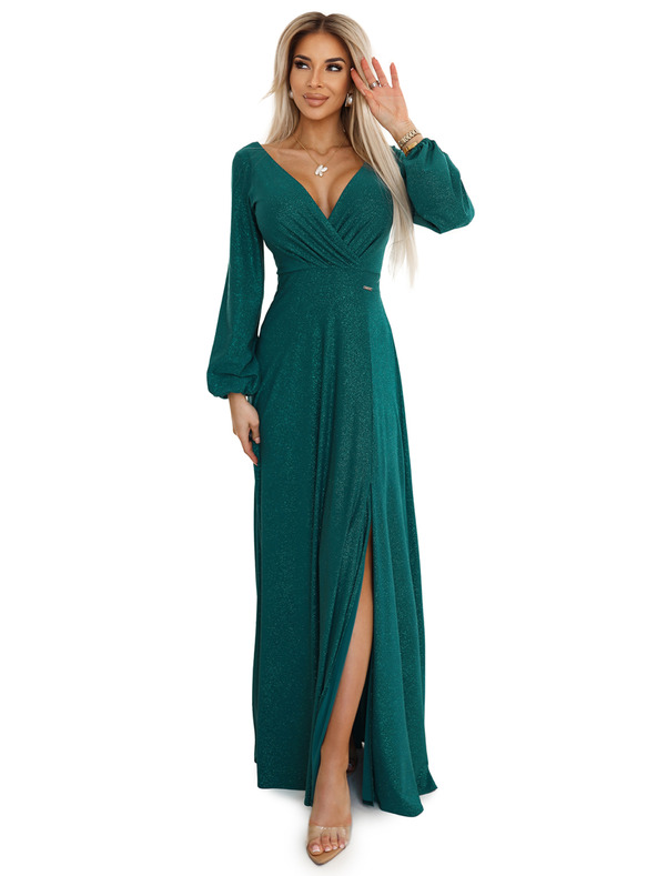 numoco Блестяща дълга рокля с деколте на екипажа, дълги ръкави и разкроени крачоли Нумоко