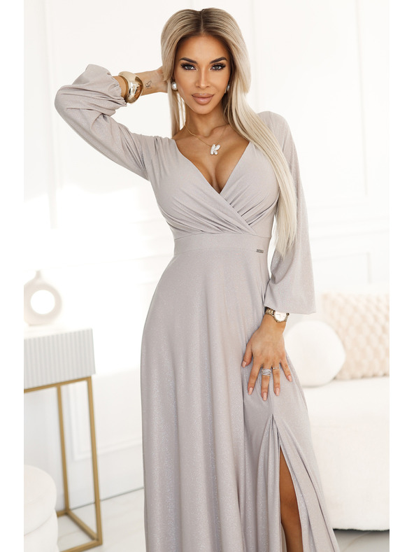 numoco Блестяща дълга рокля с деколте на екипажа, дълги ръкави и разрез на крачолите Numoco