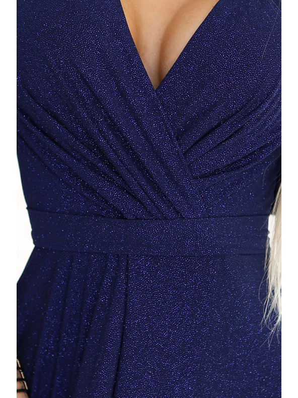 numoco Блестяща рокля с дълъг ръкав и деколте - тъмно синя с брокат Numoco
