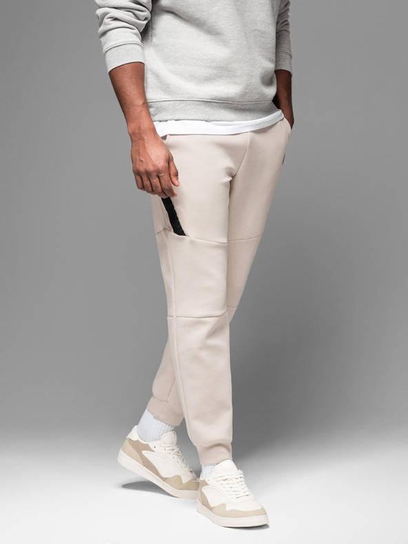 Ombre Clothing Мъжки спортни панталони с оребрени маншети и декоративен цип - пясъчен Ombre Clothing