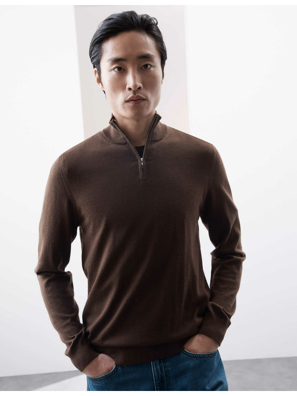 Marks & Spencer Пуловер с къс цип от мериносова вълна Marks & Spencer кафяв