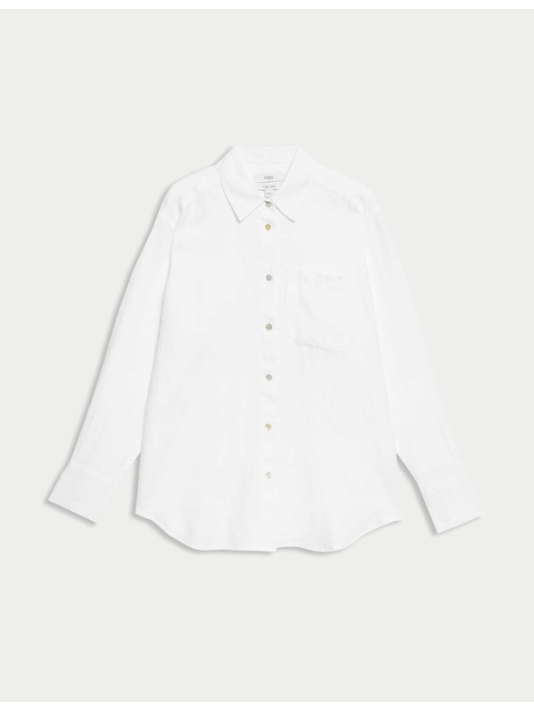 Marks & Spencer Oversize риза в стил Girlfriend с яка, от чист лен Marks & Spencer бяла