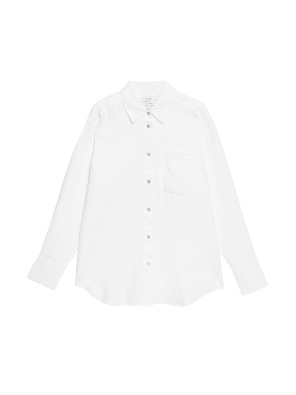 Marks & Spencer Oversize риза в стил Girlfriend с яка, от чист лен Marks & Spencer бяла