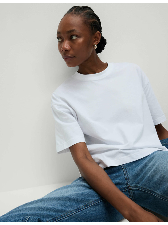 Marks & Spencer Тениска с правоъгълен крой от чист памук Marks & Spencer бяла