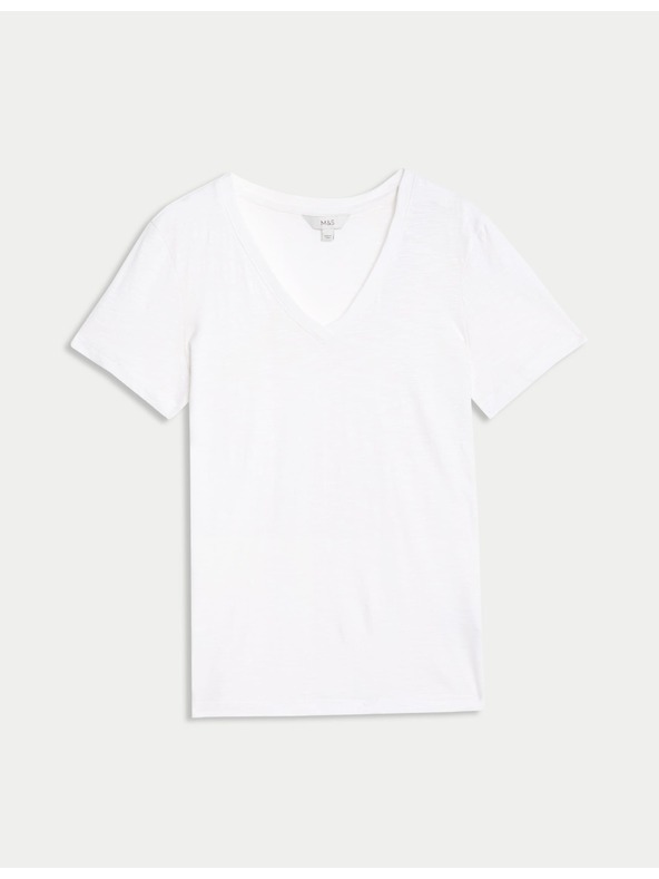 Marks & Spencer Тениска от чиста памучна материя с V-образно деколте Marks & Spencer бяло