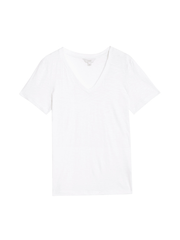 Marks & Spencer Тениска от чиста памучна материя с V-образно деколте Marks & Spencer бяло