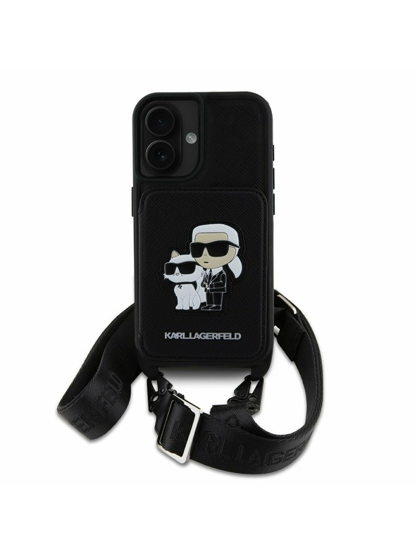 Karl Lagerfeld Karl Lagerfeld Saffiano Кръстосан Ремък Karl and Choupette Калъф за iPhone 16 Black