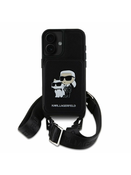 Karl Lagerfeld Karl Lagerfeld Saffiano Кръстосан Ремък Karl and Choupette Калъф за iPhone 16 Black
