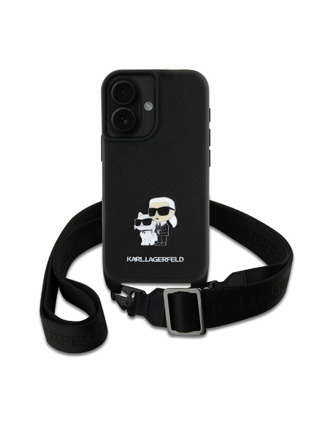 Karl Lagerfeld Karl Lagerfeld Saffiano Кръстосан Ремък Метален Karl and Choupette Заден Калъф за iPhone 16 Black