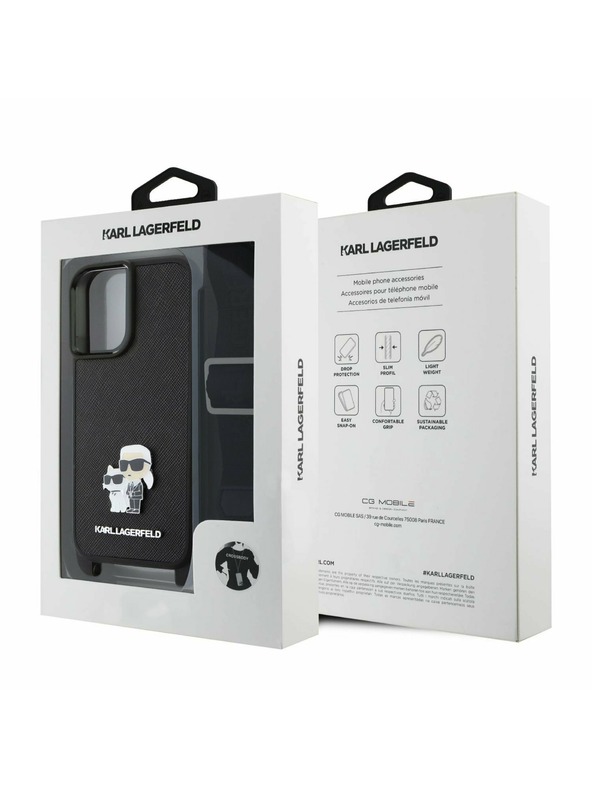 Karl Lagerfeld Karl Lagerfeld Saffiano Кръстосан Ремък Метален Karl and Choupette Заден Калъф за iPhone 16 Black