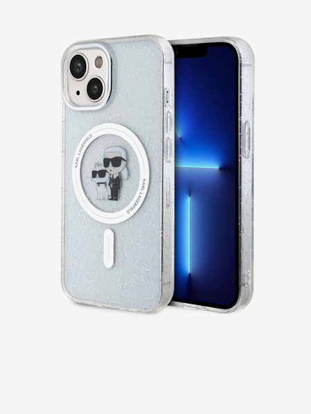 Karl Lagerfeld Karl Lagerfeld IML Брокатен Karl and Choupette MagSafe Заден Калъф за iPhone 15 Прозрачен