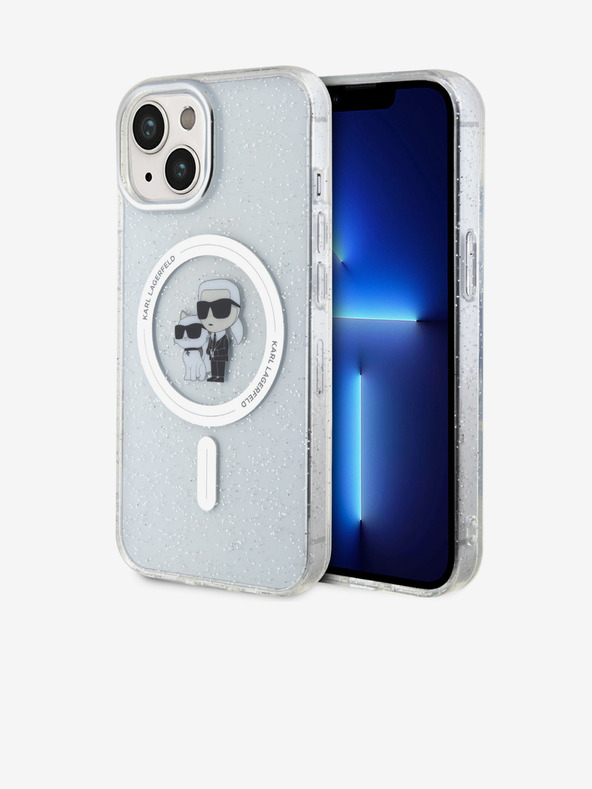 Karl Lagerfeld Karl Lagerfeld IML Брокатен Karl and Choupette MagSafe Заден Калъф за iPhone 15 Прозрачен