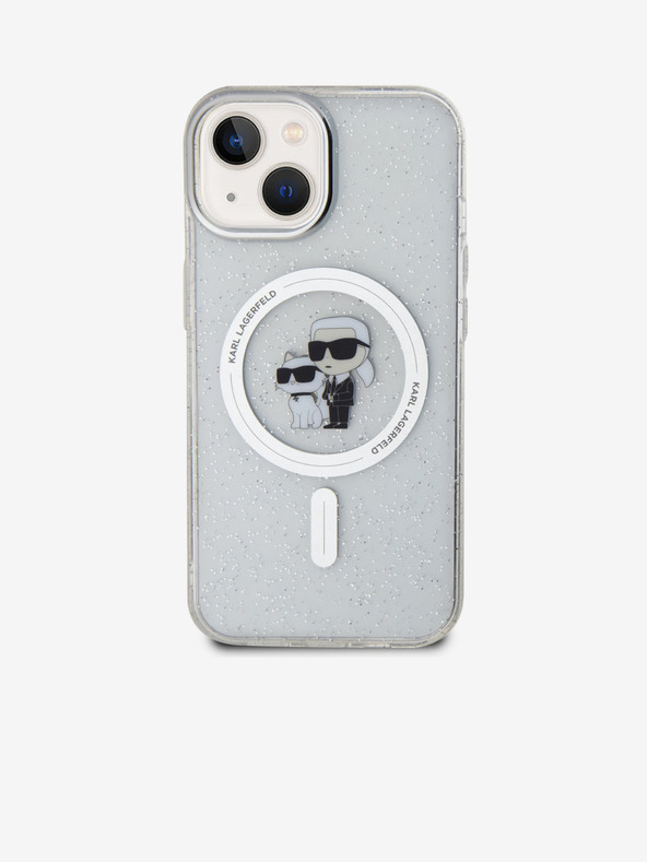 Karl Lagerfeld Karl Lagerfeld IML Брокатен Karl and Choupette MagSafe Заден Калъф за iPhone 15 Прозрачен