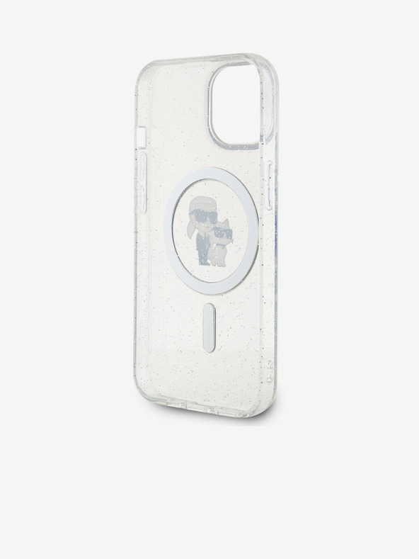 Karl Lagerfeld Karl Lagerfeld IML Брокатен Karl and Choupette MagSafe Заден Калъф за iPhone 15 Прозрачен
