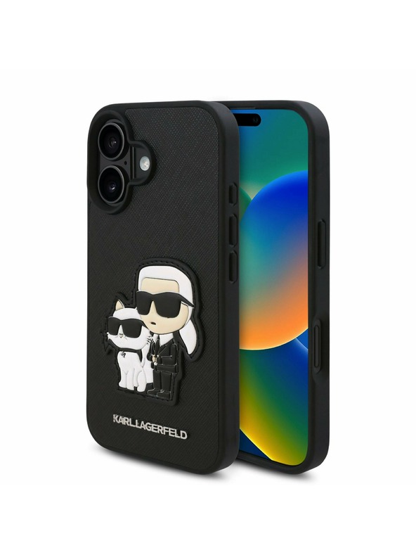 Karl Lagerfeld Karl Lagerfeld PU Сафиано Karl and Choupette Заден Калъф за iPhone 16 Черен