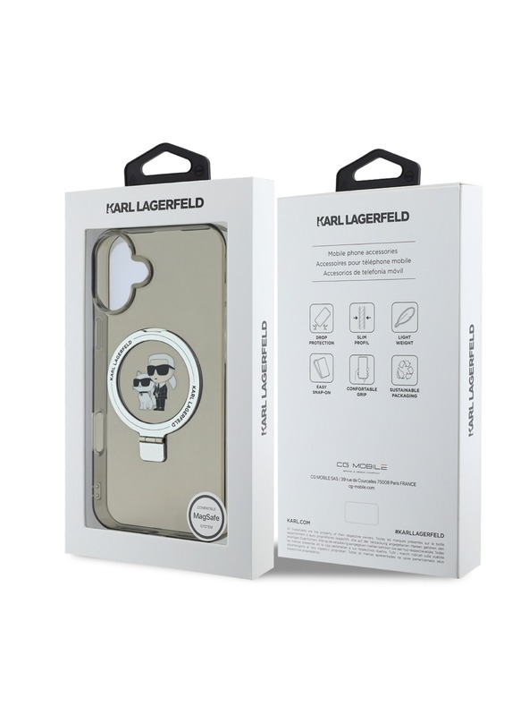 Karl Lagerfeld Karl Lagerfeld Поставка с пръстен Karl and Choupette MagSafe Заден Калъф за iPhone 16 Plus Черен