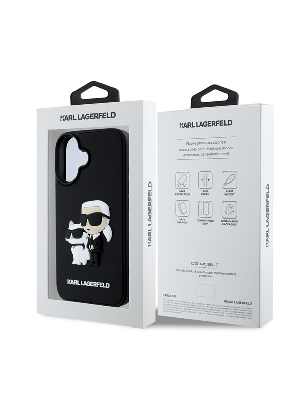 Karl Lagerfeld Karl Lagerfeld 3D Гумен Karl and Choupette Заден Калъф за iPhone 16 Plus Черен
