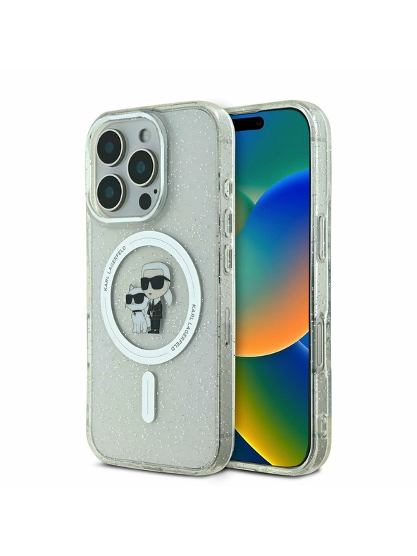 Karl Lagerfeld Karl Lagerfeld IML Блестящ Karl and Choupette MagSafe Заден Калъф за iPhone 16 Pro Max Прозрачен