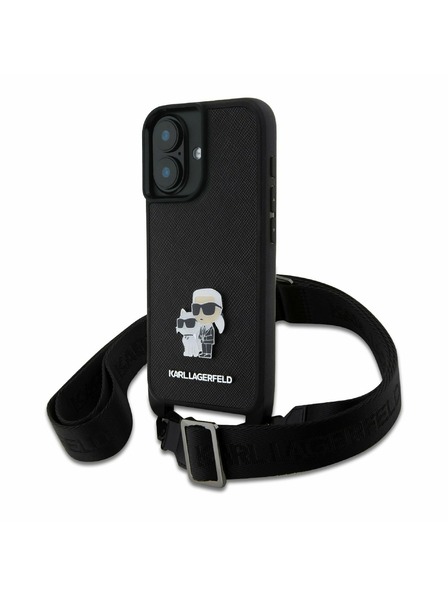 Karl Lagerfeld Karl Lagerfeld Сафиано Кръстосан Ремък Метален Karl and Choupette Заден Калъф за iPhone 16 Plus Черен
