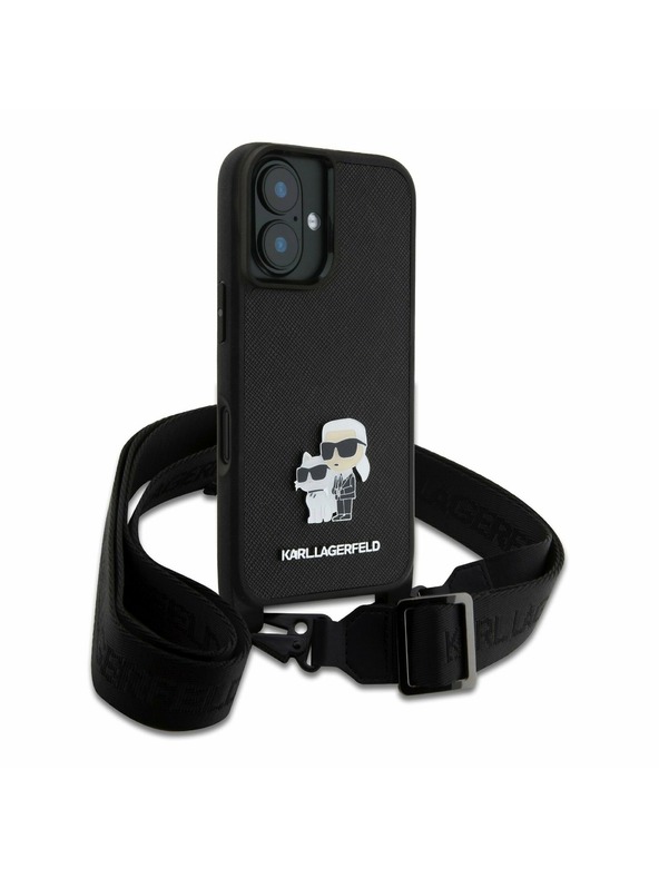 Karl Lagerfeld Karl Lagerfeld Сафиано Кръстосан Ремък Метален Karl and Choupette Заден Калъф за iPhone 16 Plus Черен