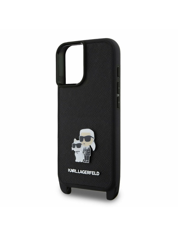 Karl Lagerfeld Karl Lagerfeld Сафиано Кръстосан Ремък Метален Karl and Choupette Заден Калъф за iPhone 16 Plus Черен