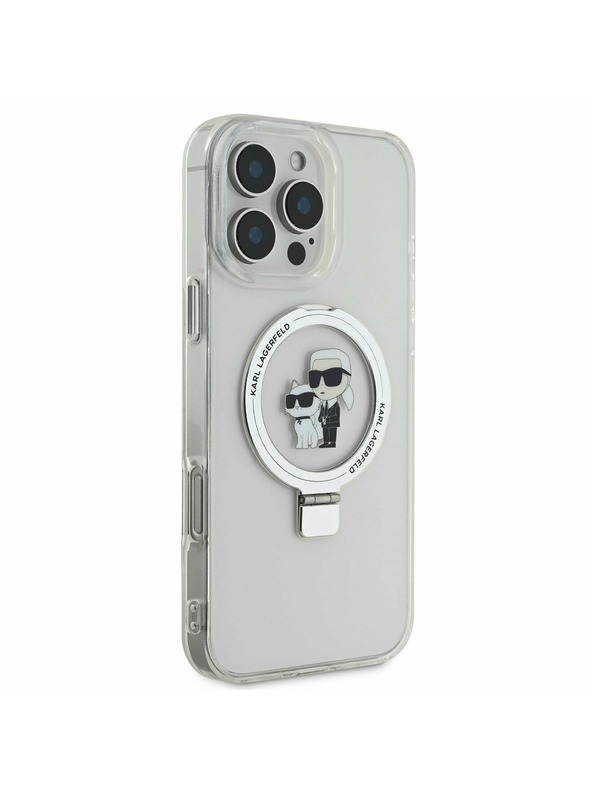 Karl Lagerfeld Karl Lagerfeld Поставка за пръстен Karl and Choupette MagSafe Заден Калъф за iPhone 16 Pro Бял