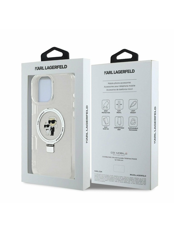 Karl Lagerfeld Karl Lagerfeld Поставка за пръстен Karl and Choupette MagSafe Заден Калъф за iPhone 16 Pro Бял