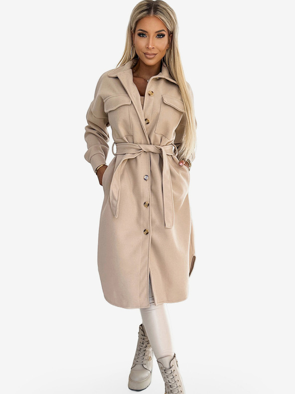 numoco Бежово дамско топло палто с джобове, копчета и връзка на талията Numoco