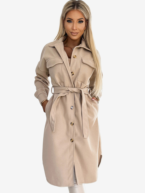 numoco Бежово дамско топло палто с джобове, копчета и връзка на талията Numoco