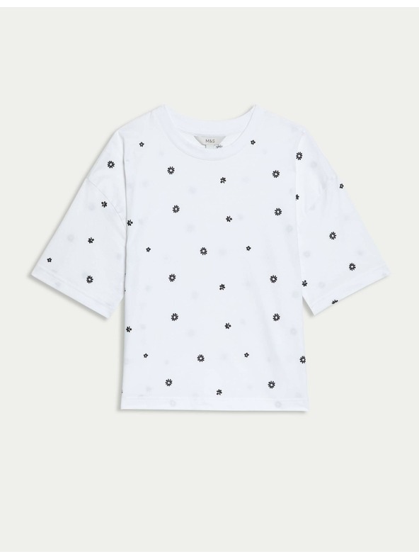 Marks & Spencer Тениска от чист памук с флорални мотиви Marks & Spencer бяла