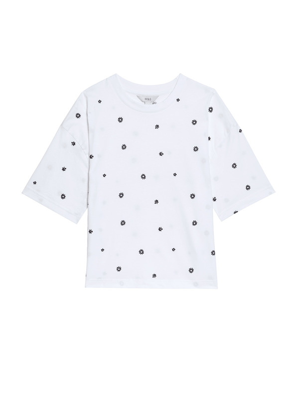 Marks & Spencer Тениска от чист памук с флорални мотиви Marks & Spencer бяла