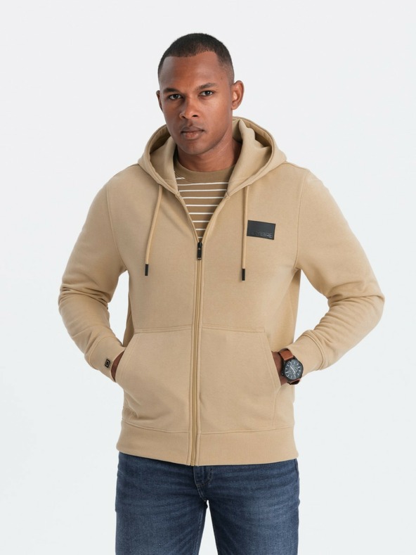 Ombre Clothing Мъжки суитчър с цип и кръпка - пясъчен V2 OM-SSZP-0140 Ombre Clothing