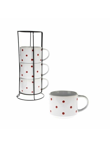 Casa de Engel Керамични чаши в метална поставка, бели с червени точки, 4х300 мл, 1/9