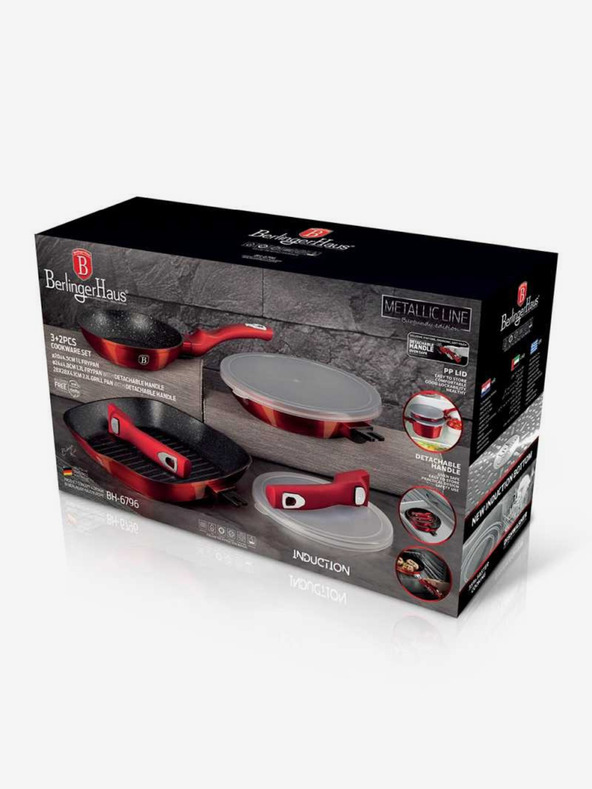 Berlingerhaus Комплект тигани с подвижна дръжка 5 бр. Burgundy Metallic Line грил BERLINGERHAUS