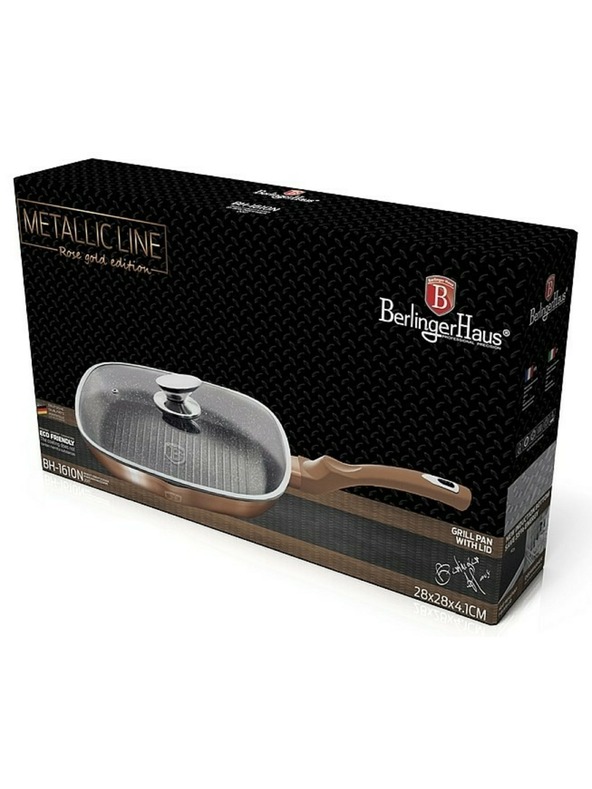 Berlingerhaus Грил тиган с мраморно покритие и капак 28 см Rosegold Metallic Line BERLINGERHAUS