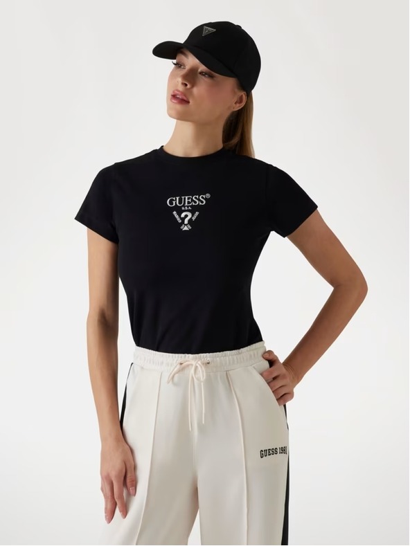 Guess Jeans Дамска черна тениска с предно лого Guess jeans