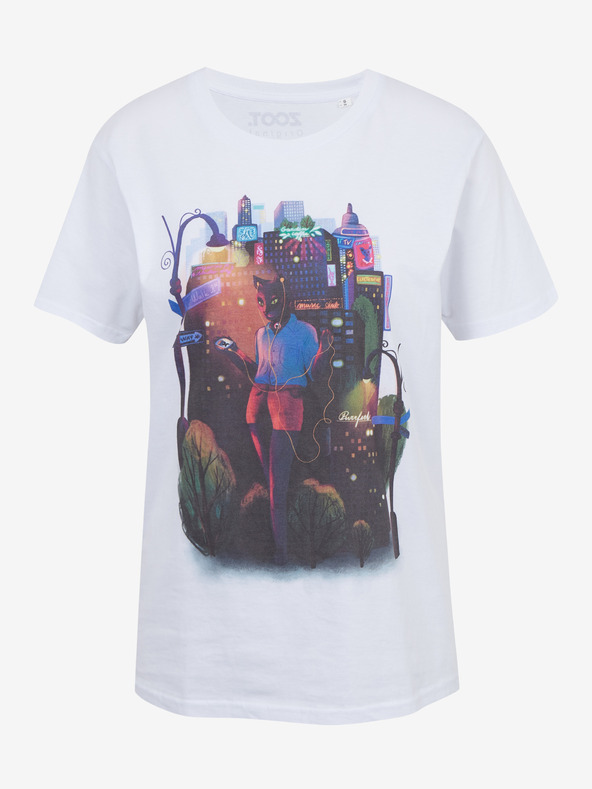 DOBRO Бяла дамска тениска с принт Zoot DOBRO. Котка