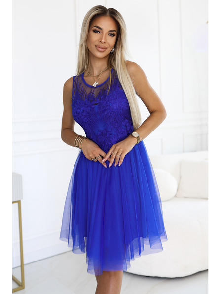 numoco 522-4 CATERINA Дамска рокля с гипюр и фин тюл - сини метличини