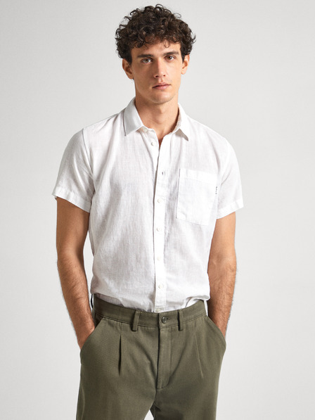 Pepe Jeans Бяла мъжка ленена риза с къс ръкав Pepe Jeans
