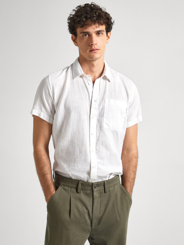Pepe Jeans Бяла мъжка ленена риза с къс ръкав Pepe Jeans