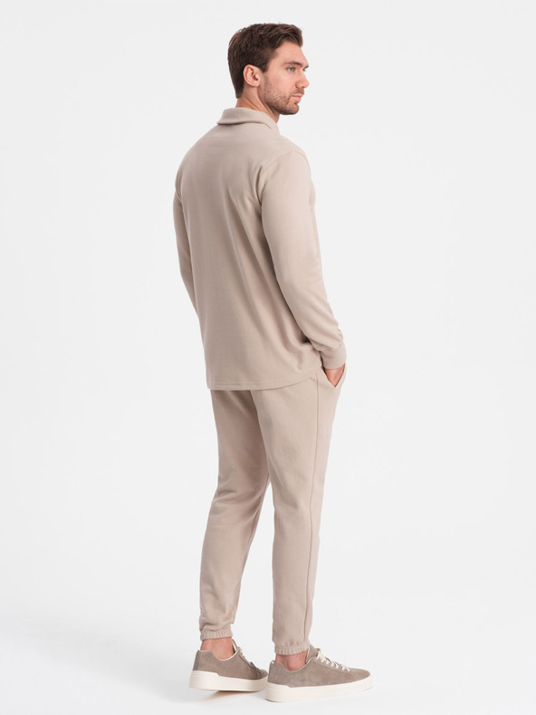 Ombre Clothing Бежов мъжки спортен комплект суитшърт с поло яка + панталони Ombre Clothing