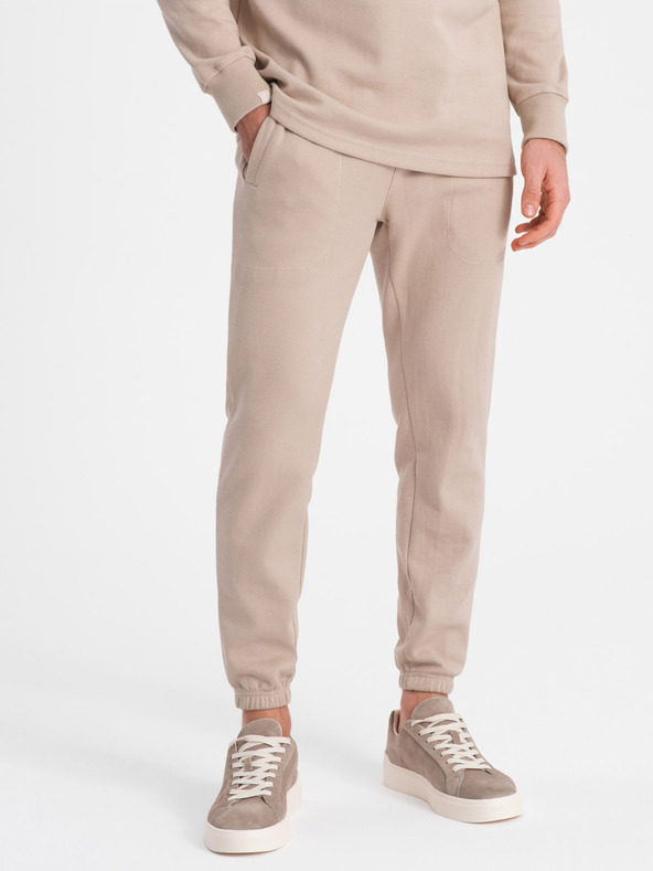 Ombre Clothing Бежов мъжки спортен комплект суитшърт с поло яка + панталони Ombre Clothing